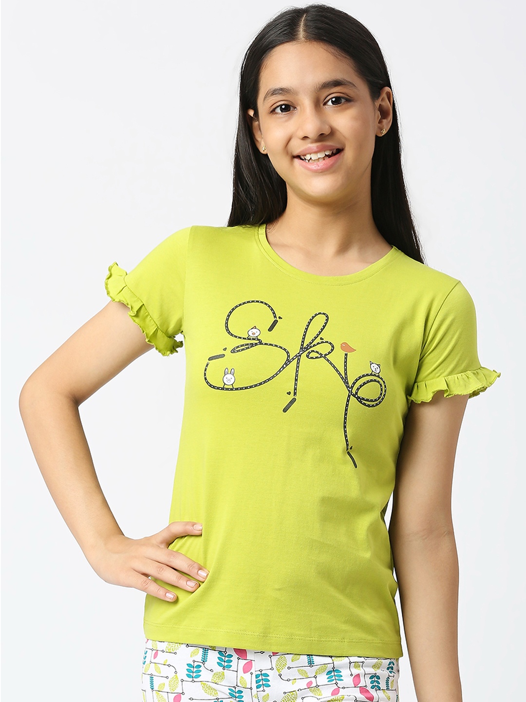 

SINI MINI Girls Typography Printed Pure Cotton Night Suit, Sea green