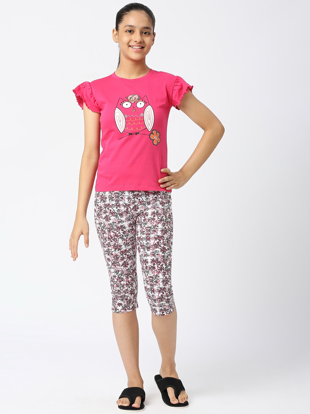 

SINI MINI Girls Graphic Printed Pure Cotton Night Suit, Rose