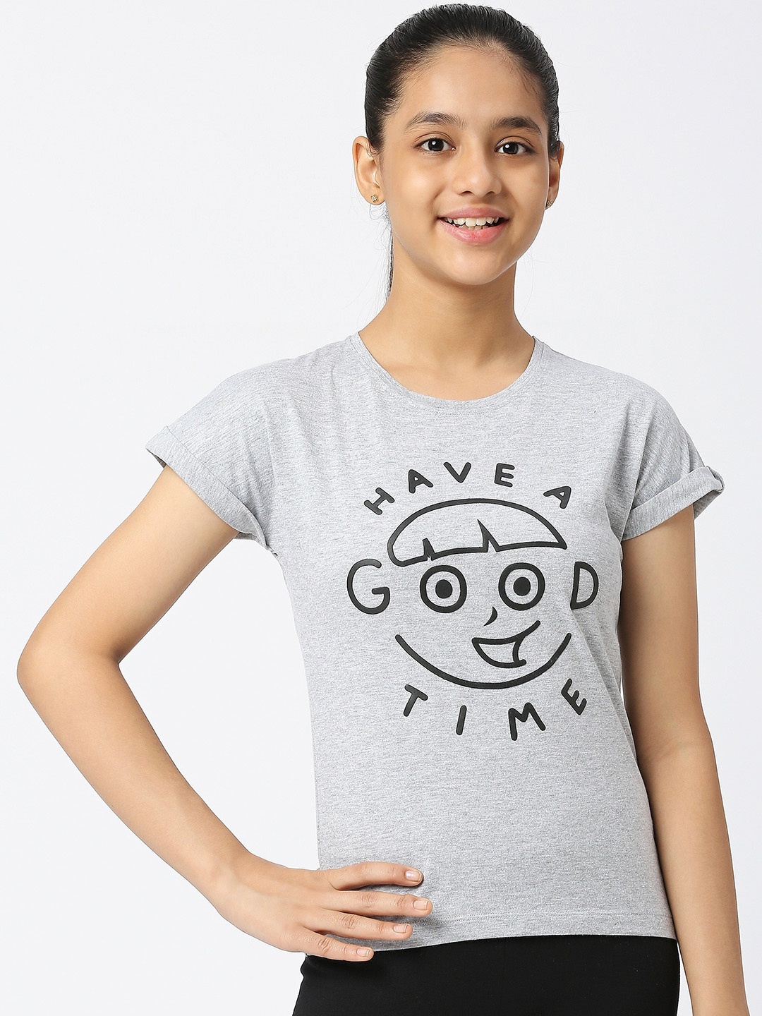 

SINI MINI Girls Graphic Printed Pure Cotton Night Suit, Grey melange