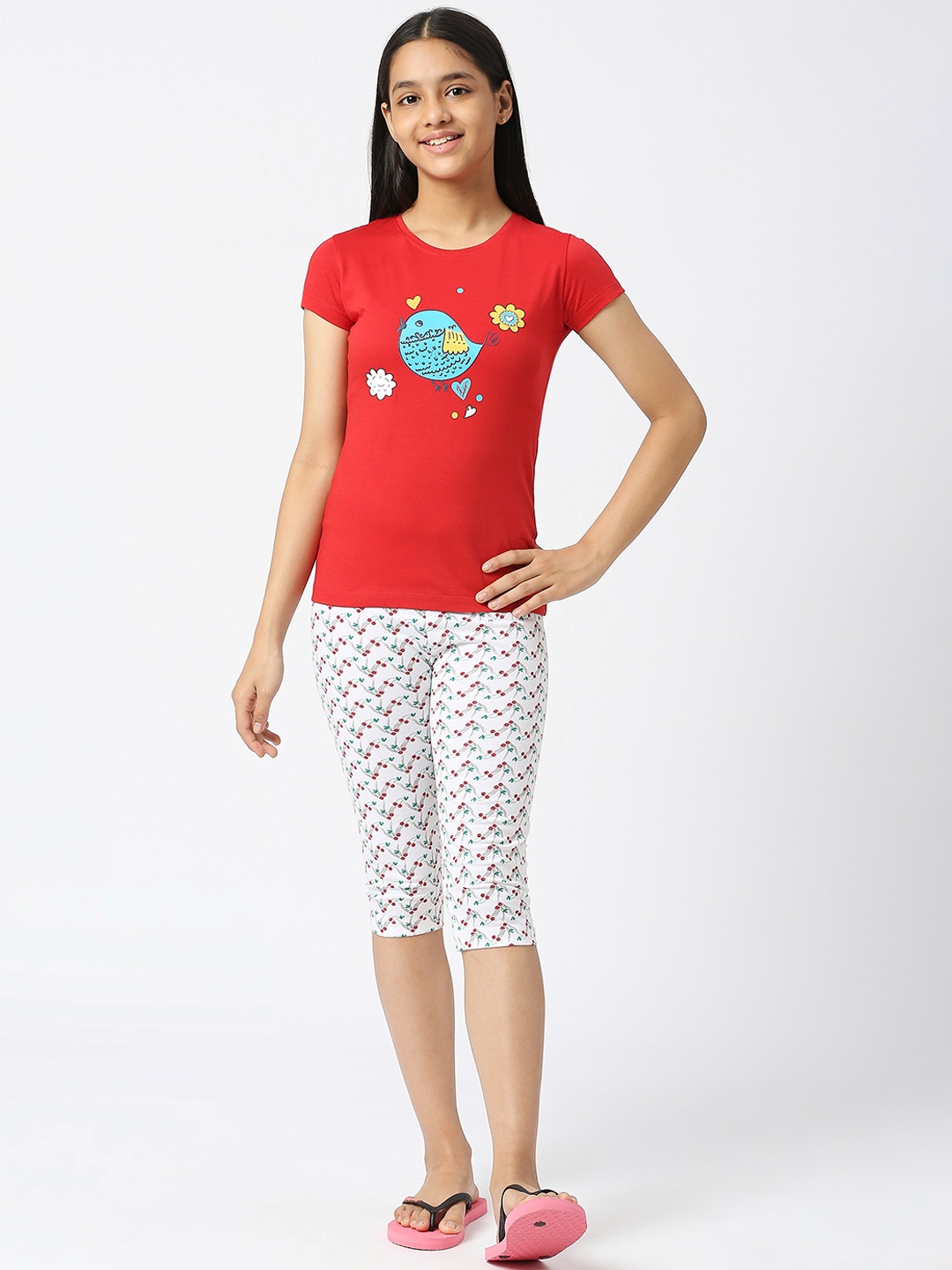 

SINI MINI Girls Conversational Printed Pure Cotton Night Suit, Red
