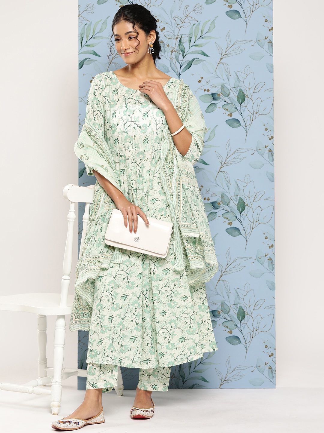 

Nayo Floral Printed Anarkali Pure Cotton Kurta With Trousers & Dupatta, Green