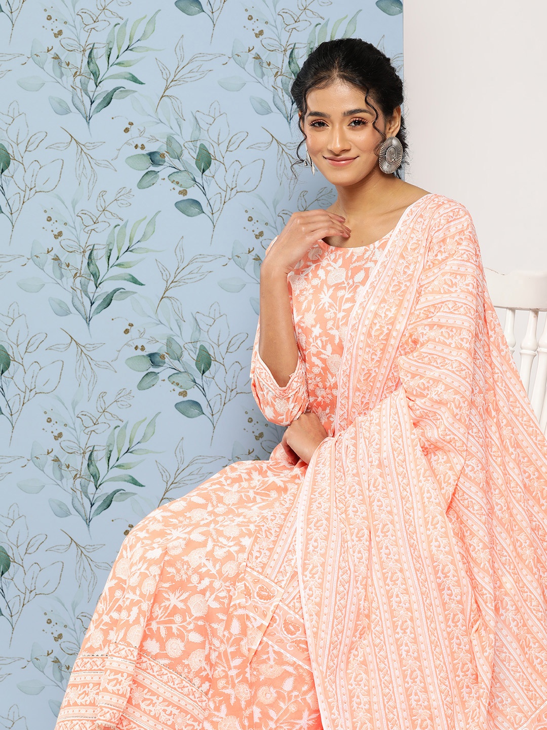 

Nayo Ethnic Motifs Printed Regular Pure Cotton Kurta With Trousers & Dupatta, Peach