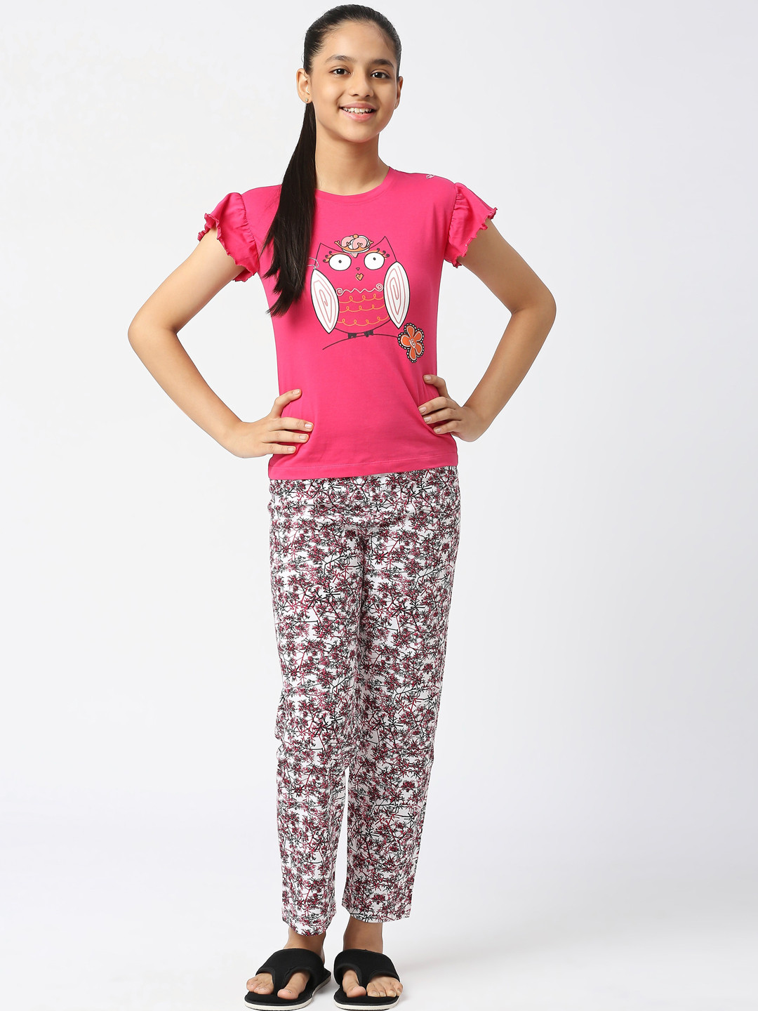 

SINI MINI Girls Graphic Printed Pure Cotton Night Suit, Rose