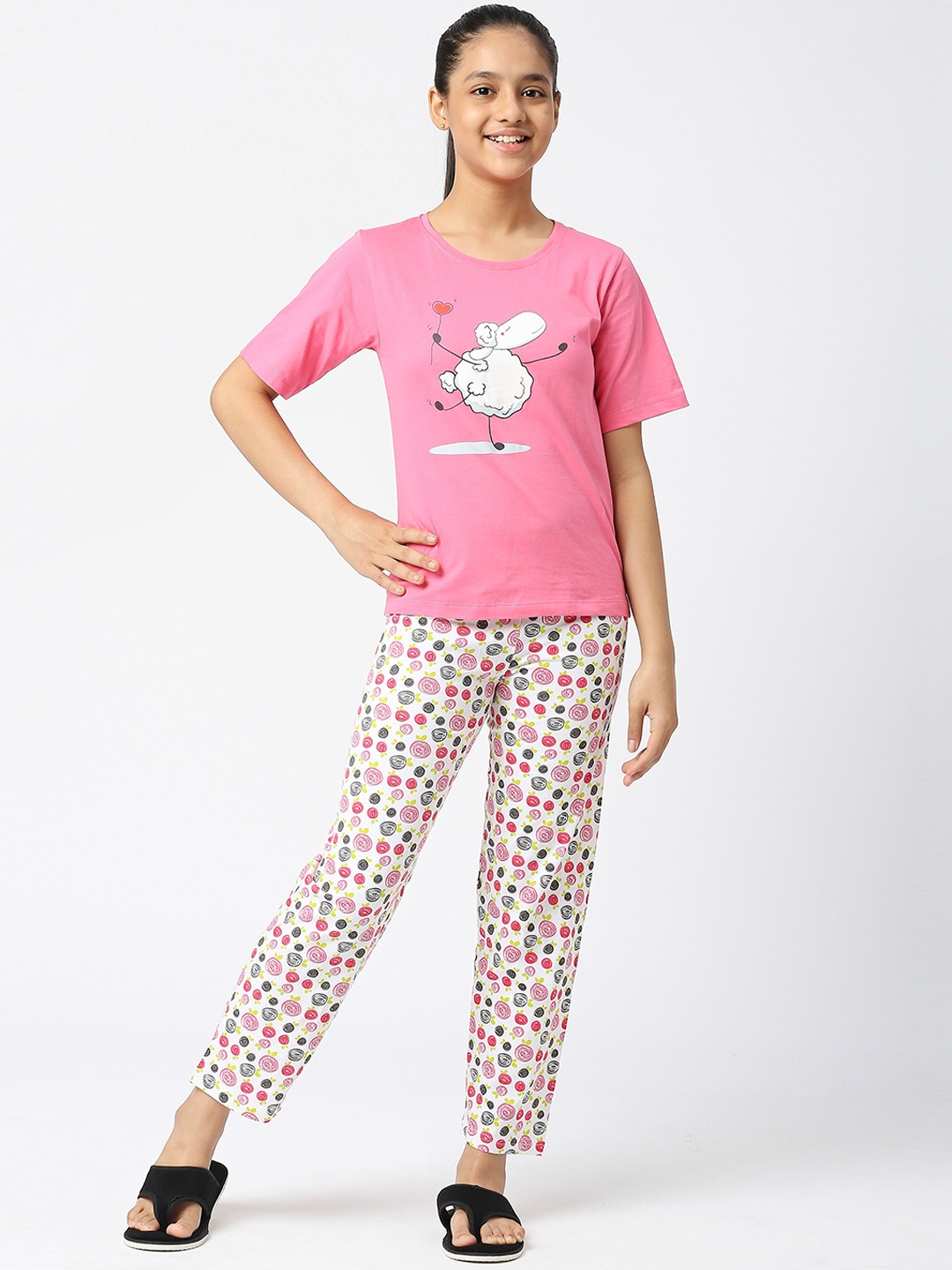 

SINI MINI Girls Conversational Printed Pure Cotton Night Suit, Pink