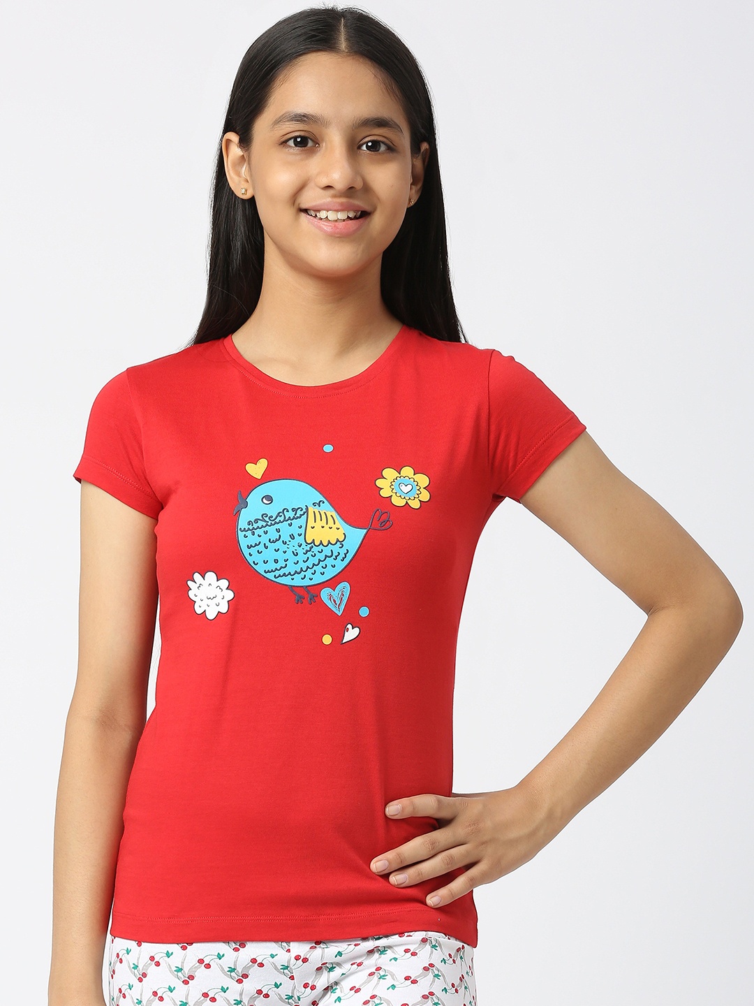 

SINI MINI Girls Graphic Printed Pure Cotton Night Suit, Red
