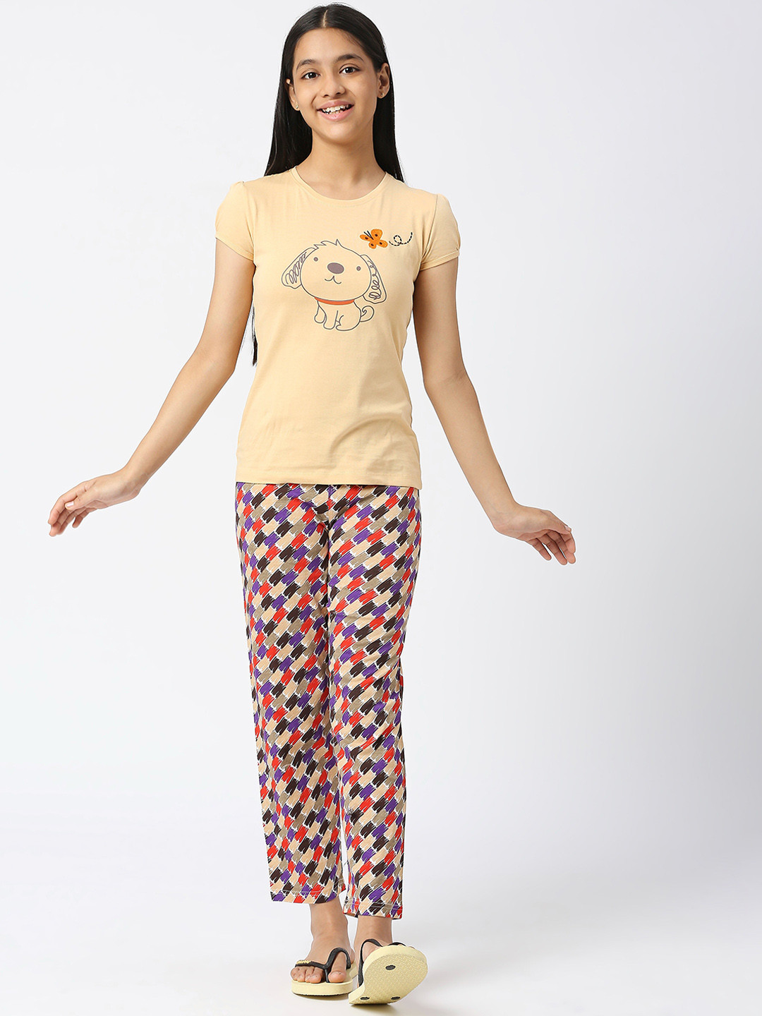 

SINI MINI Girls Graphic Printed Pure Cotton Night Suit, Beige