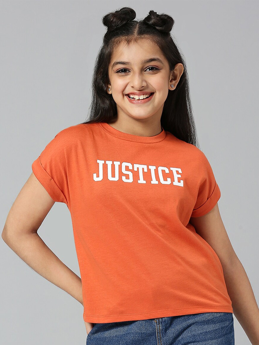 

JUSTICE Typography Printed Pure Cotton Top, Orange