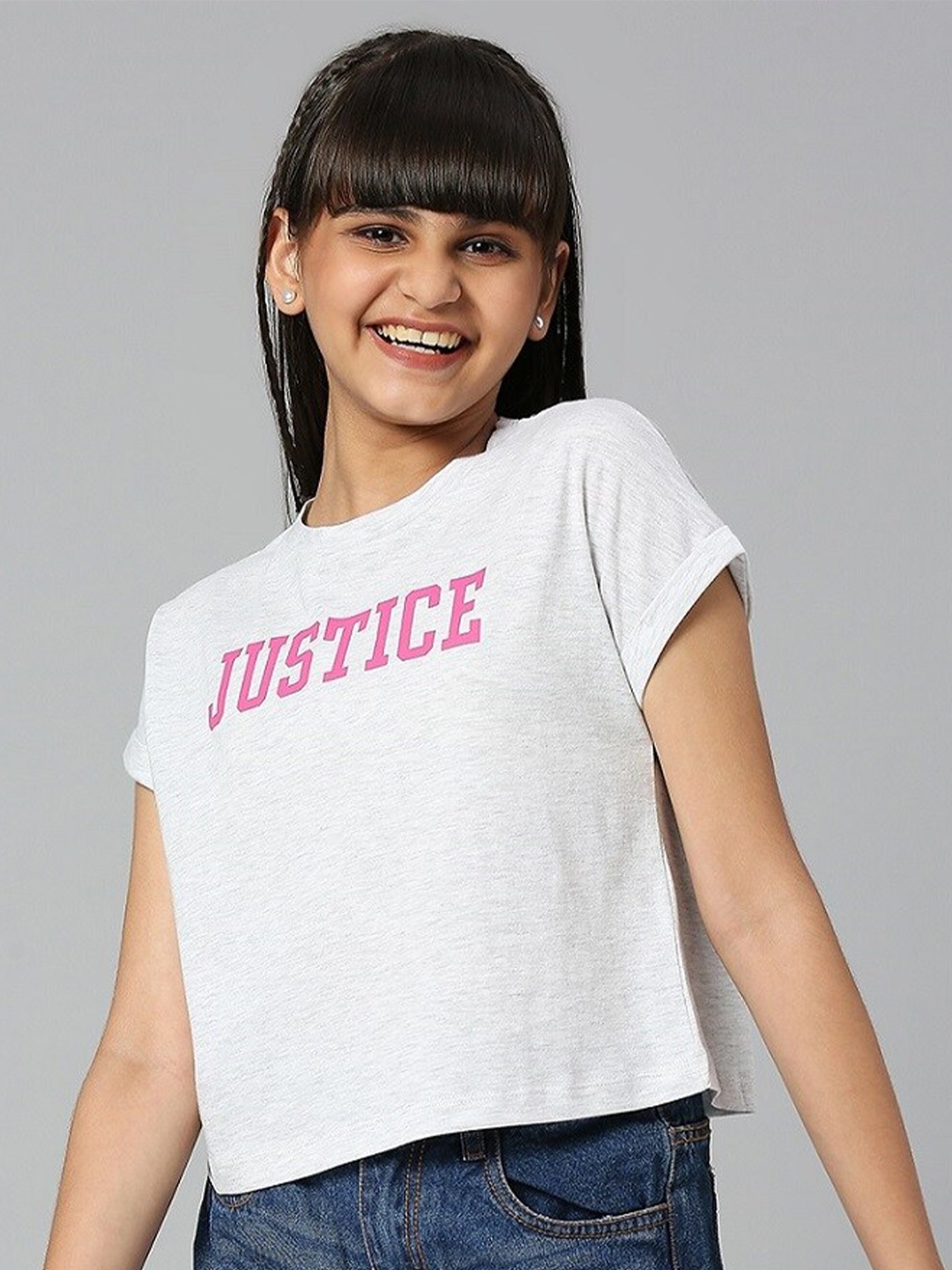 

JUSTICE Girls Typography Printed Cotton Top, White