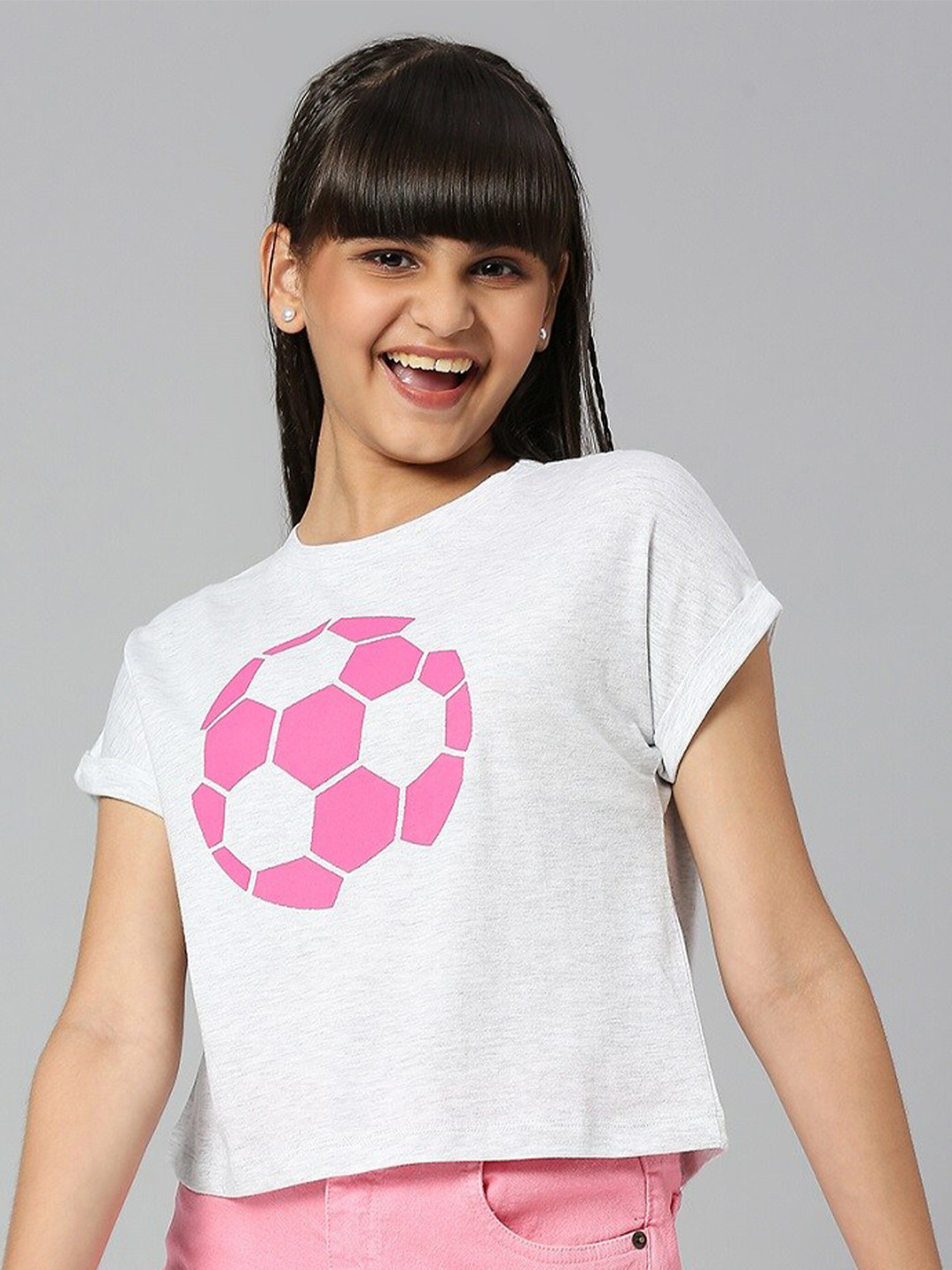 

JUSTICE Grey Melange Print Cotton Boxy Top