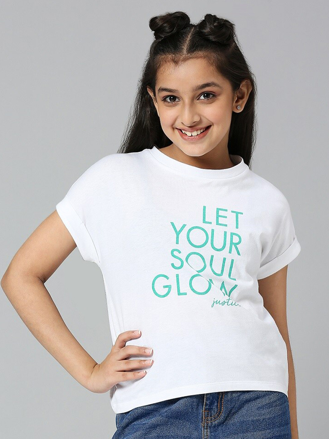 

JUSTICE Girls Typography Printed Cotton Top, White