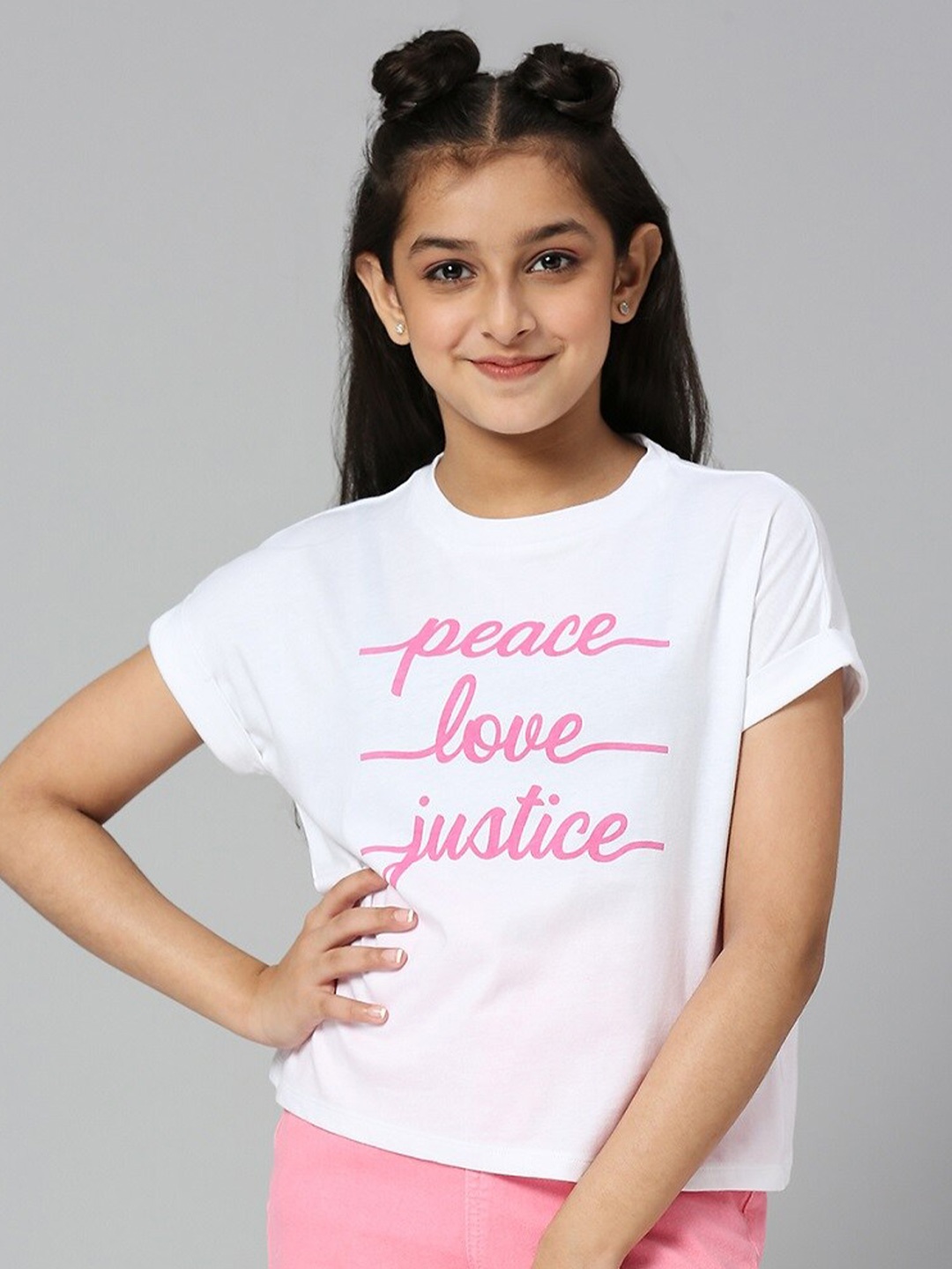 

JUSTICE Girls Typography Printed Cotton Top, White