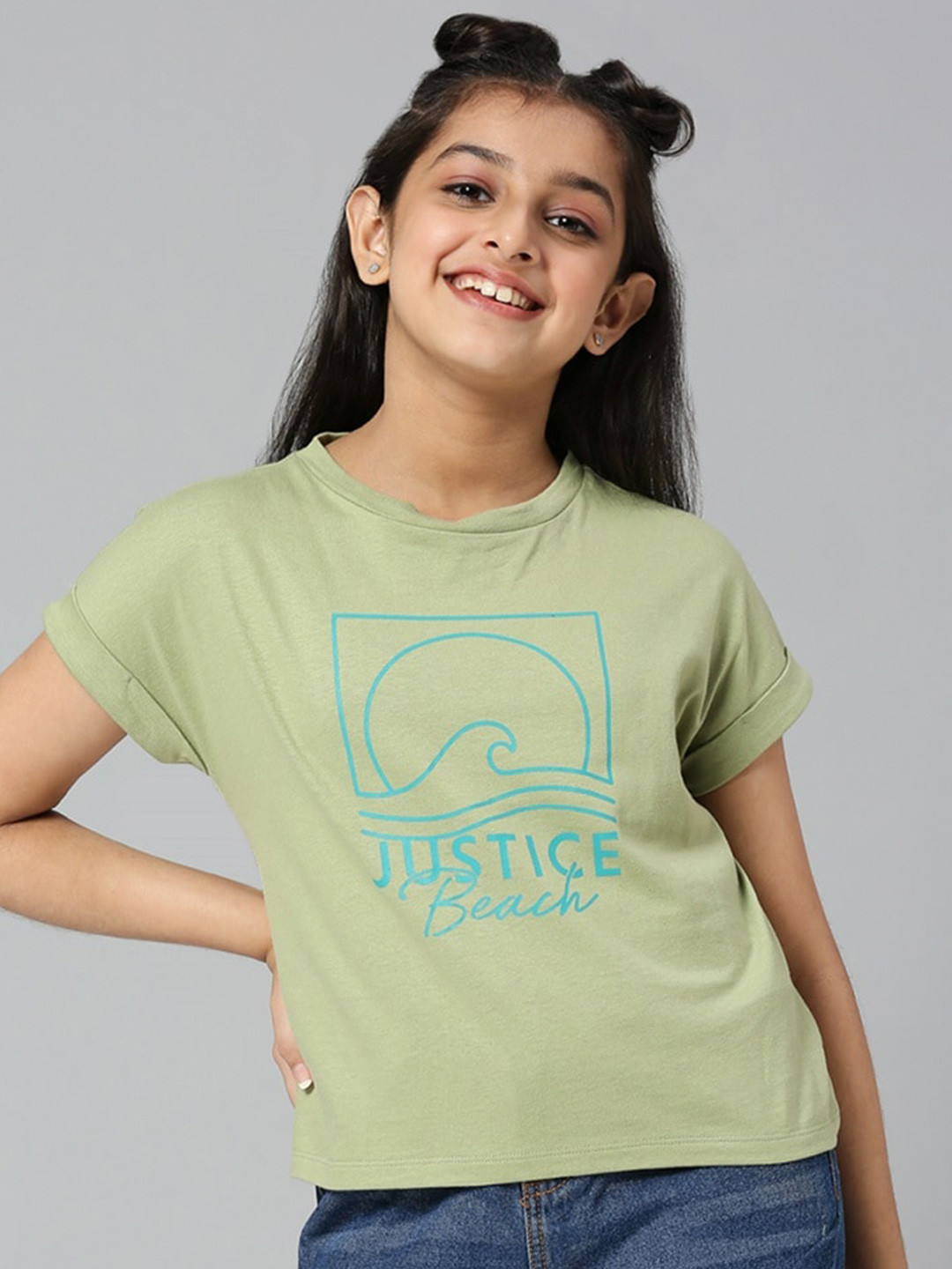 

JUSTICE Girls Typography Printed Extended Sleeves Pure Cotton T-shirt, Olive