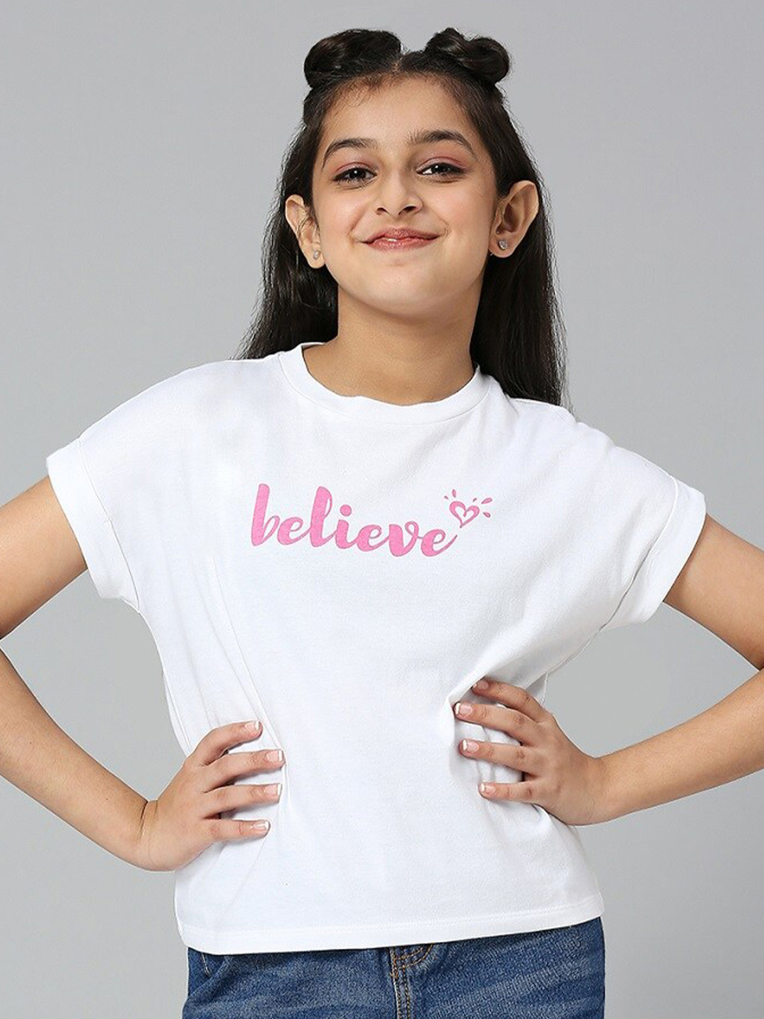 

JUSTICE Girls Typography Printed Extended Sleeves Pure Cotton T-shirt, White