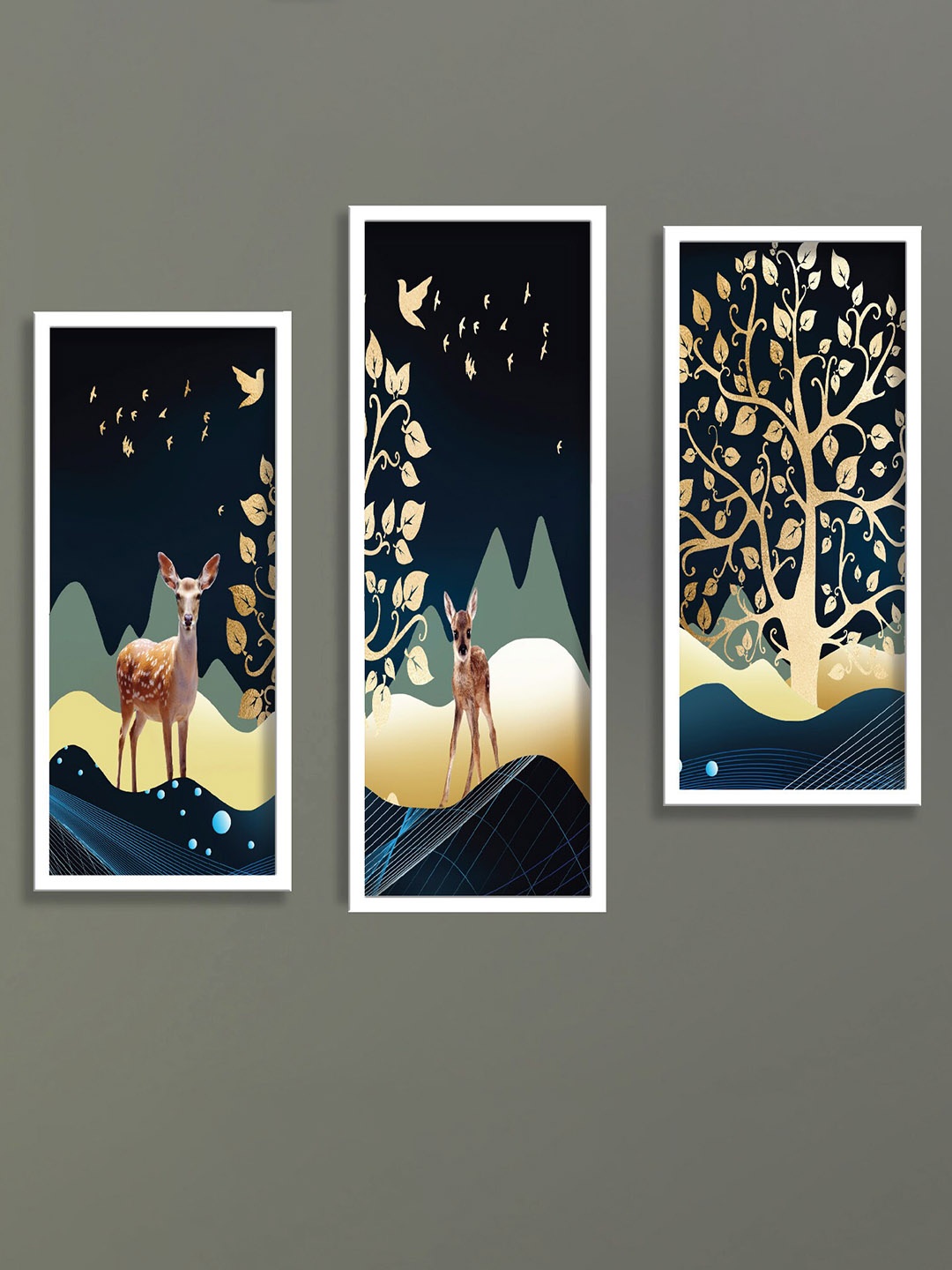 

SAF 3-Pcs Navy-Blue & Beige Deer & Tree Printed UV Coating Wall Paintings