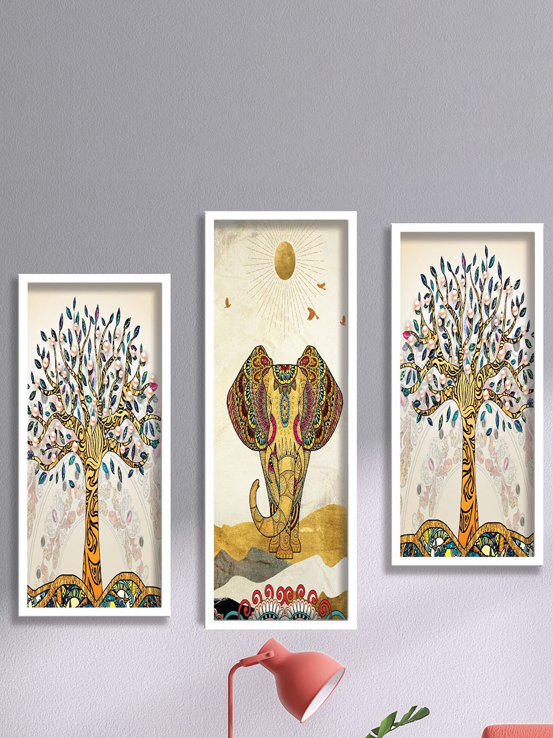 

SAF Cream-Color & Mustard Yellow 3 Pieces Elephant And Tree Printed Wall Art