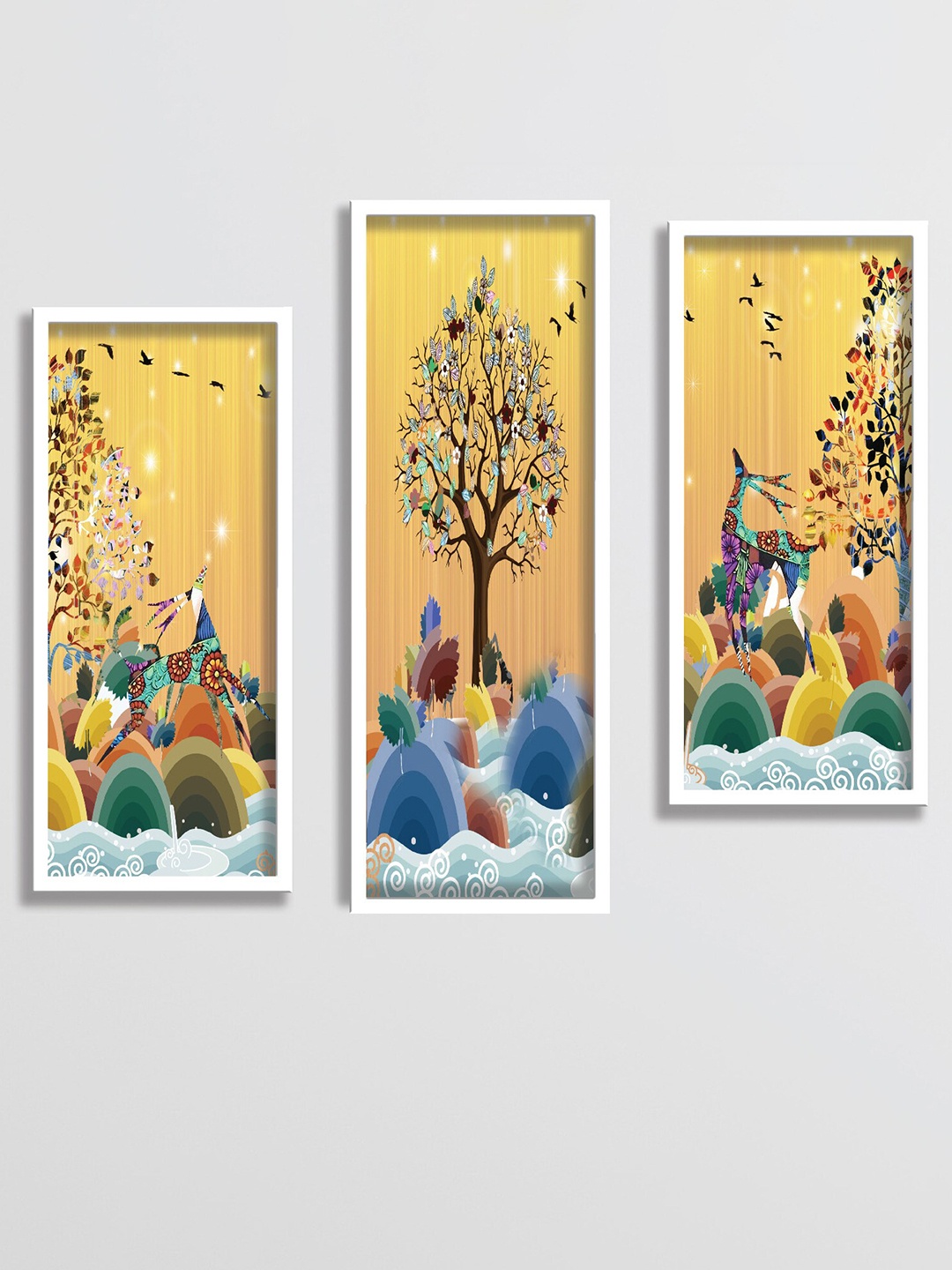 

SAF Yellow & Blue 3 Pieces Abstract Deer & Tree Painting Framed Wall Art