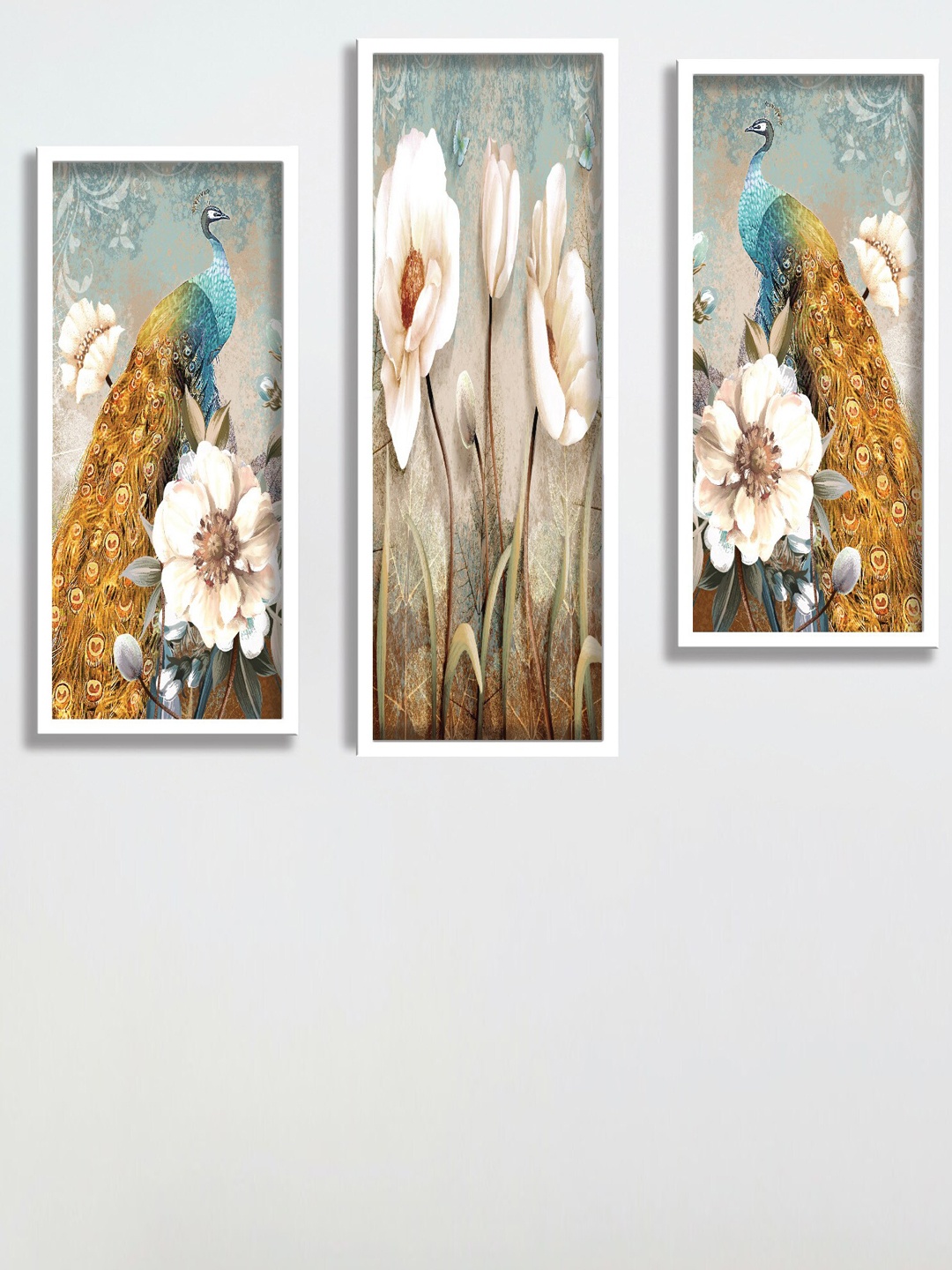 

SAF Blue & Pink 3 Pieces Peacock & Flower Painted UV Coating Wall Arts