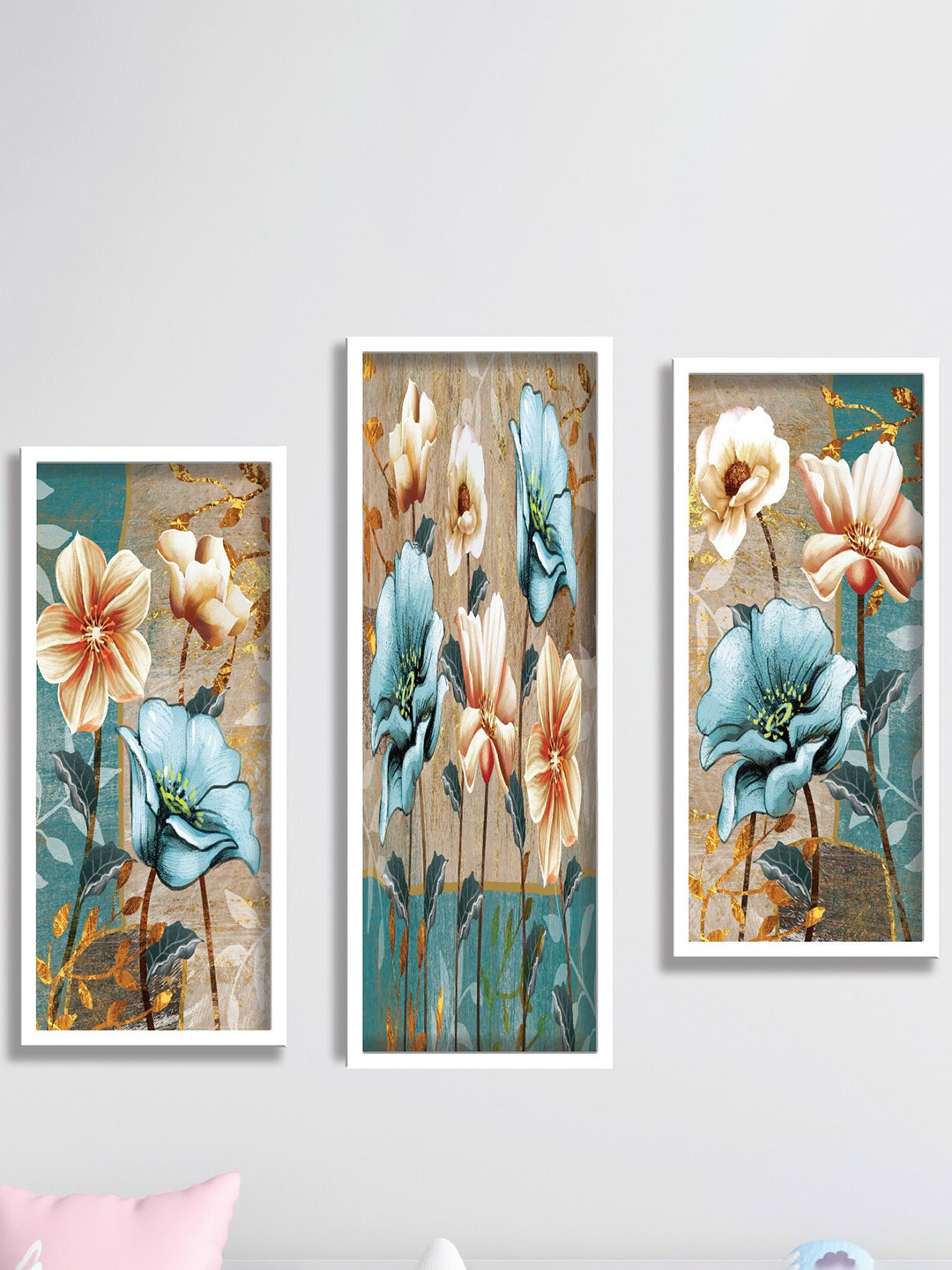 

SAF Beige & Blue 3 Pieces Floral Painting Framed Wall Art