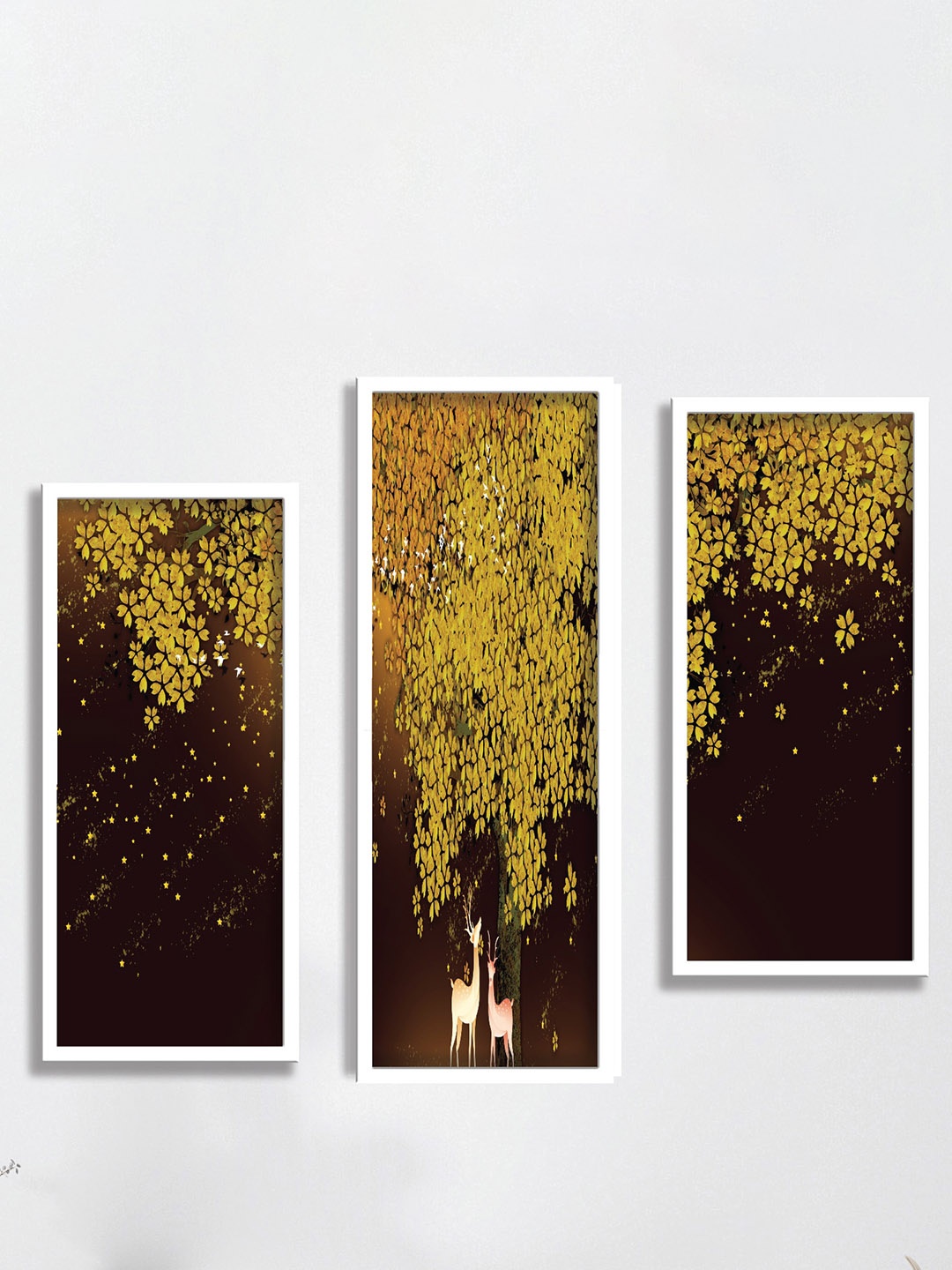 

SAF Yellow & Black 3 Pieces Abstract Deer Painting Framed UV Coating Wall Arts