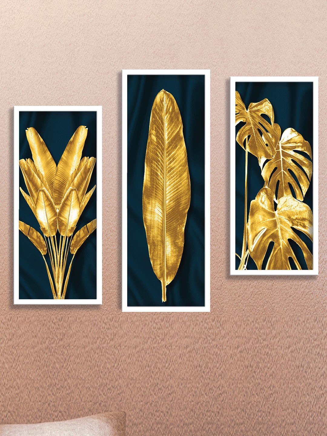 

SAF Teal & Golden 3 Pieces Tropical Leaves Printed UV Coated Wall Art, Black