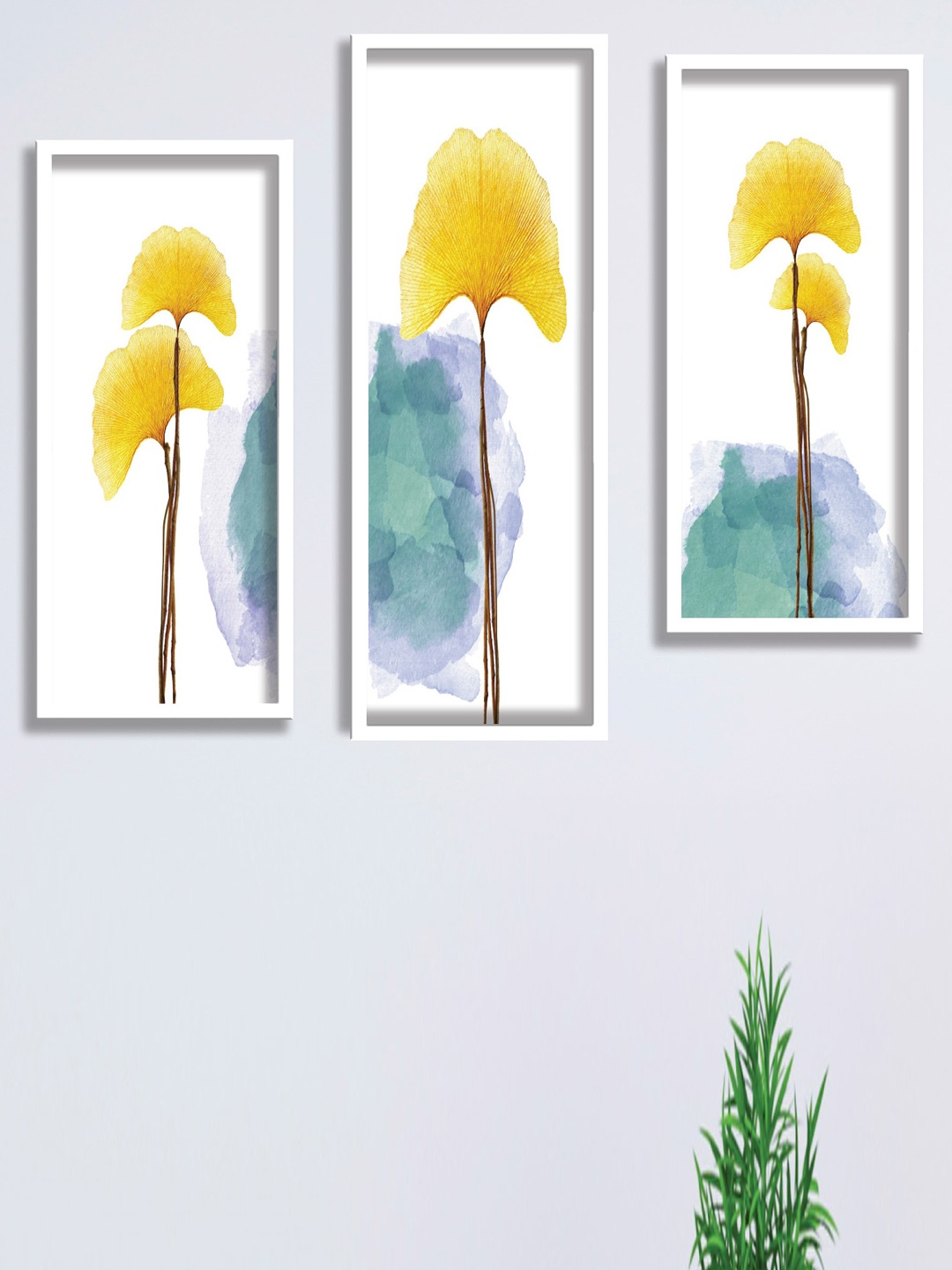 

SAF Blue & White 3 Pieces Golden Tropical Leaves Painting Framed Wall Art
