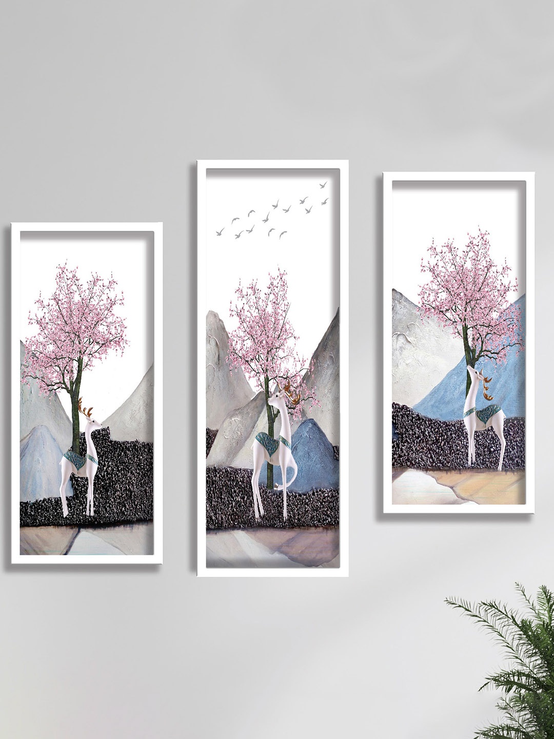 

SAF 3-Pcs White & Pink Deer & Tree Painted UV Coating Wall Arts
