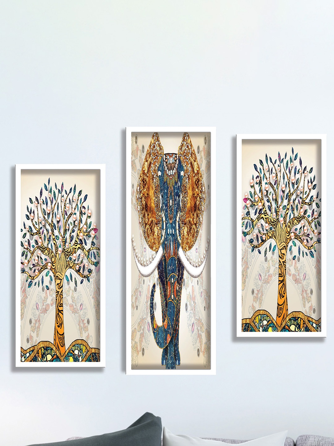 

SAF Cream-Colored & Mustard 3 Pieces Elephant & Tree Painting Framed UV Coating Wall Arts