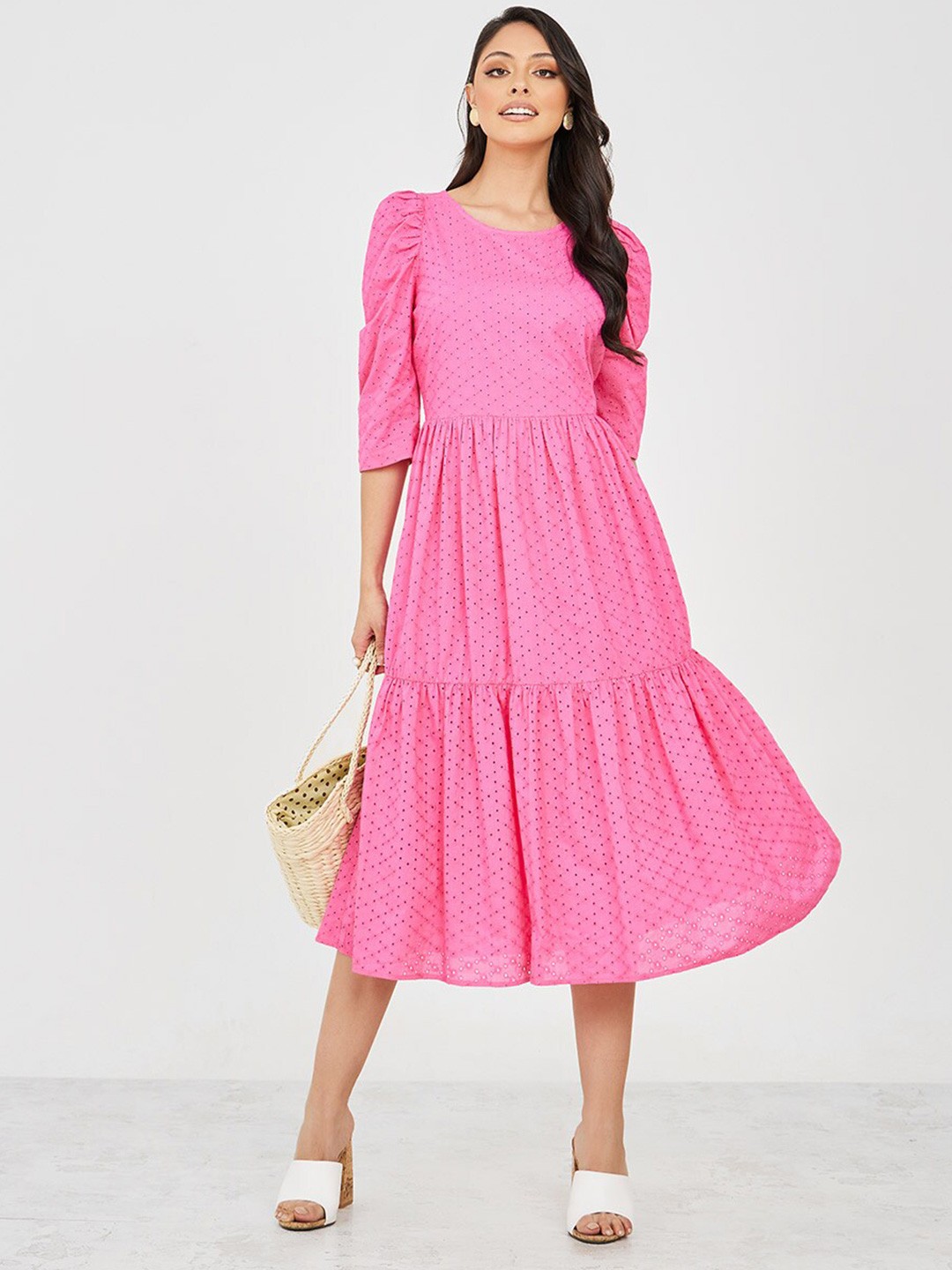 

Styli Self Design Fit & Flare Midi Dress, Pink