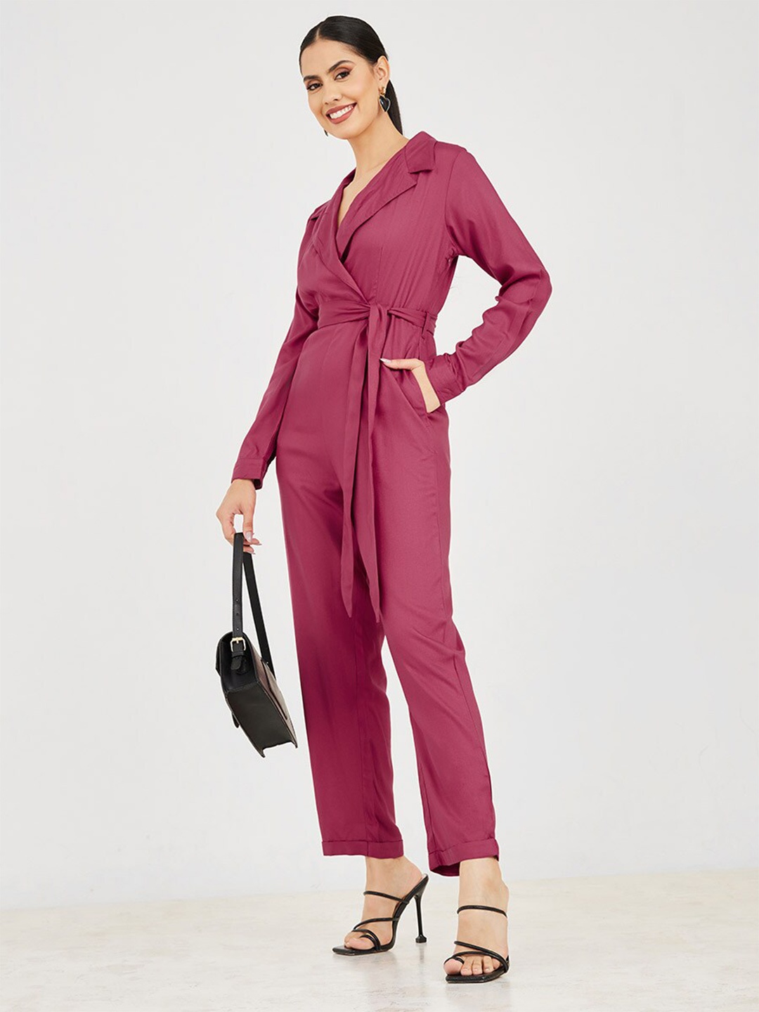 

Styli Lapel Collar Waist Tie-Ups Basic Jumpsuit, Magenta