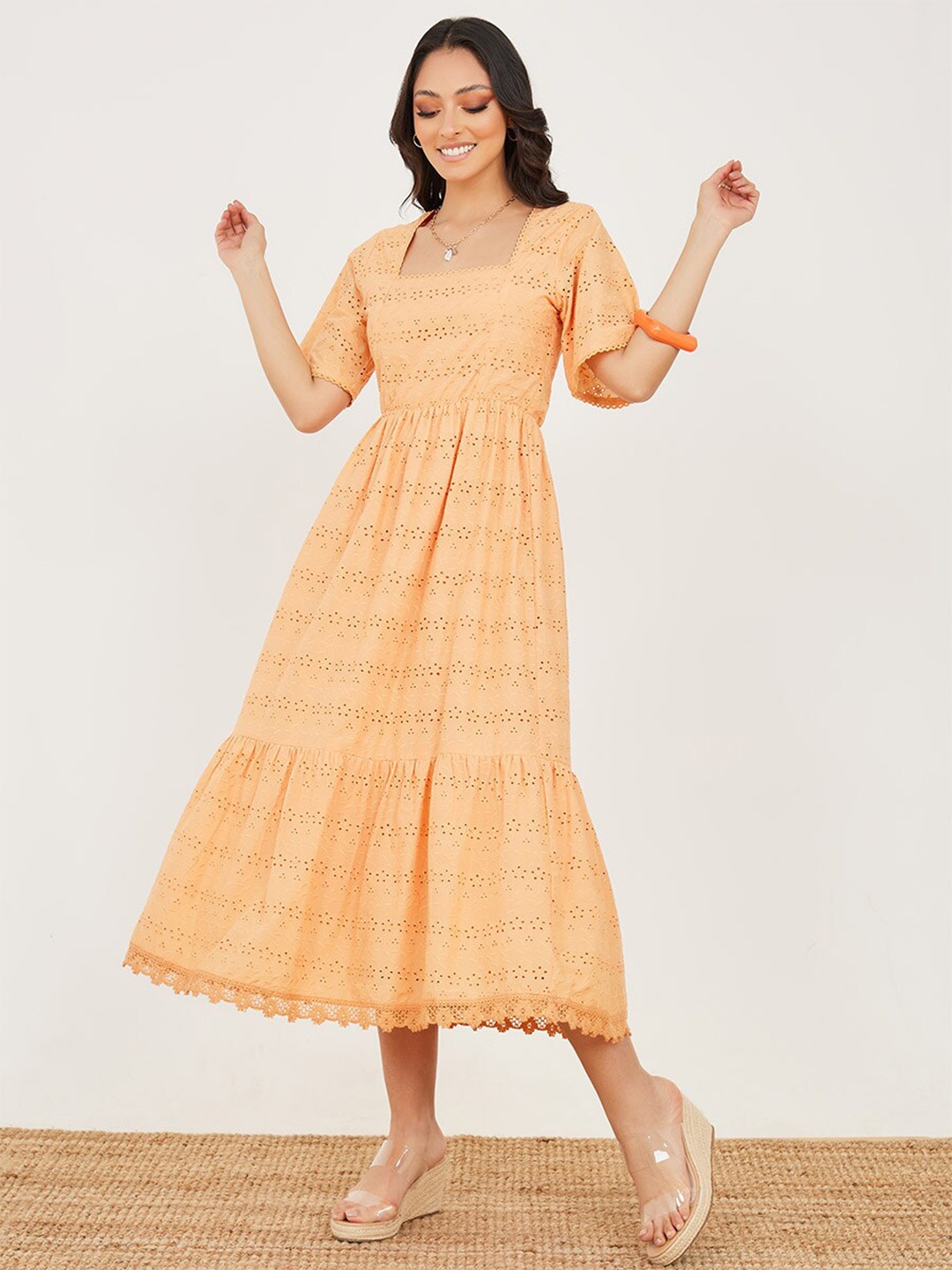 

Styli Square Neck Fit & Flare Midi Dress, Orange