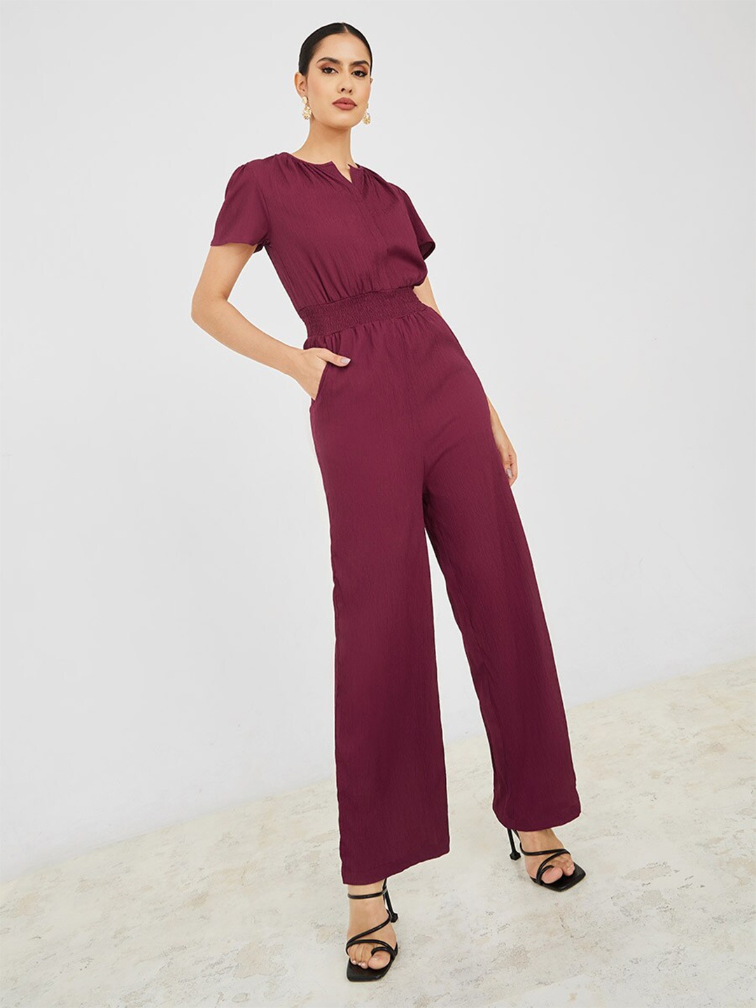 

Styli Notched Neck Gathers Basic Jumpsuit, Purple