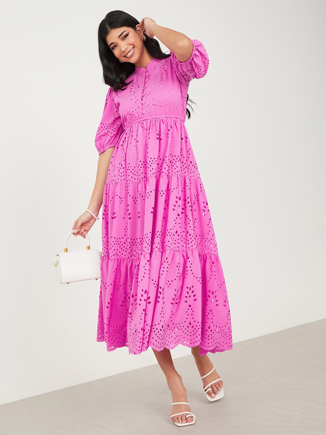 

Styli Self Design Puff Sleeve Empire Midi Dress, Pink