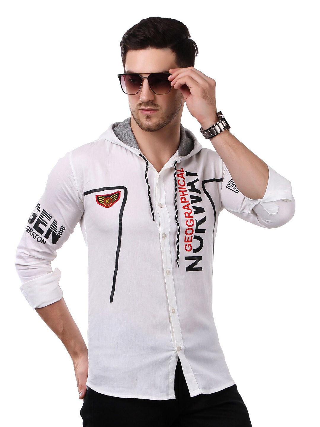 

PLUS 91 Men Standard Opaque Printed Cotton Hooded Casual Shirt, White