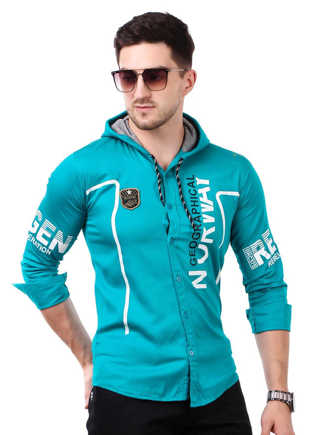 

PLUS 91 Standard Printed Hooded Cotton Casual Shirt, Blue