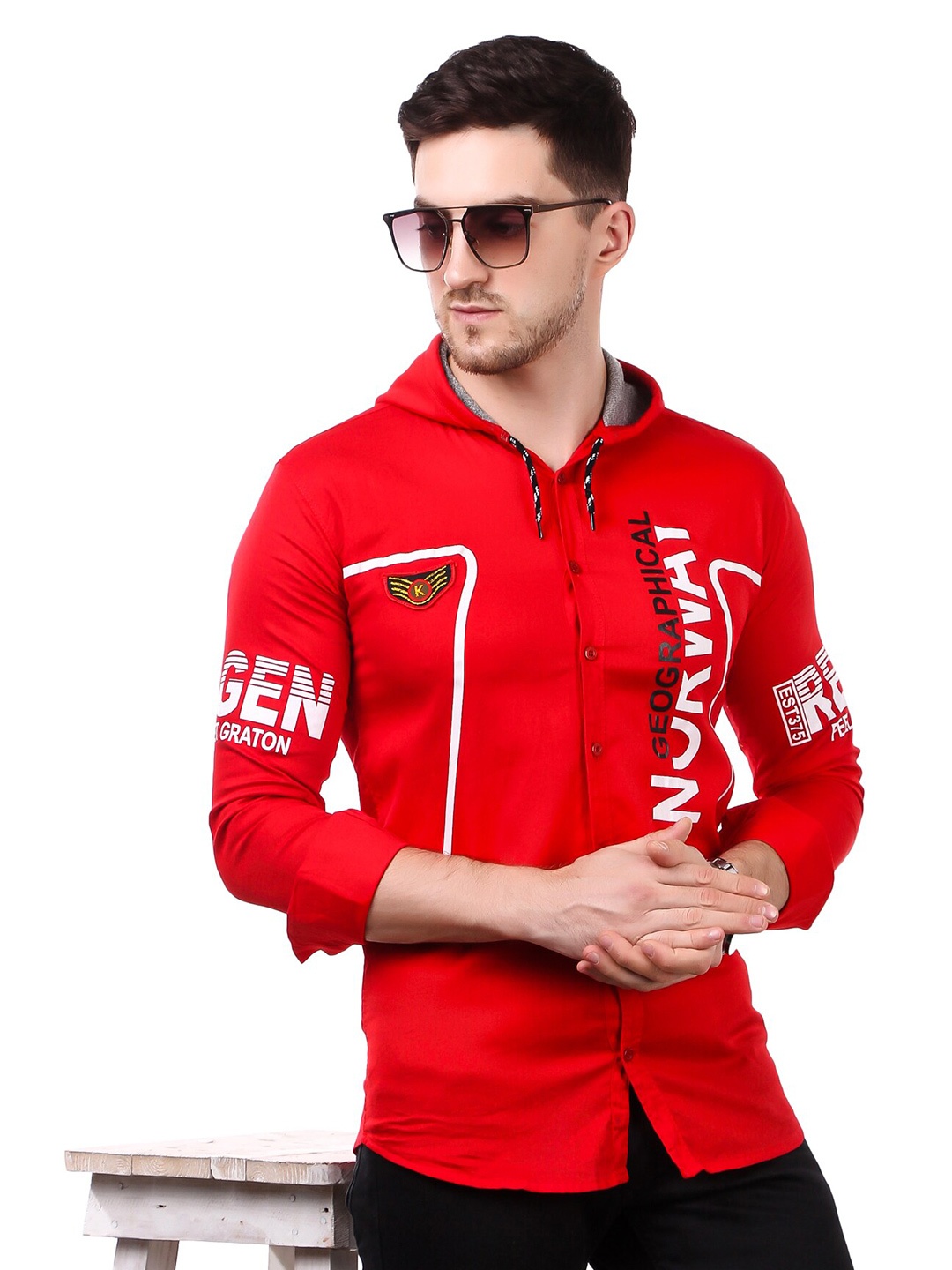 

PLUS 91 Men Standard Hooded Cotton Opaque Casual Shirt, Red