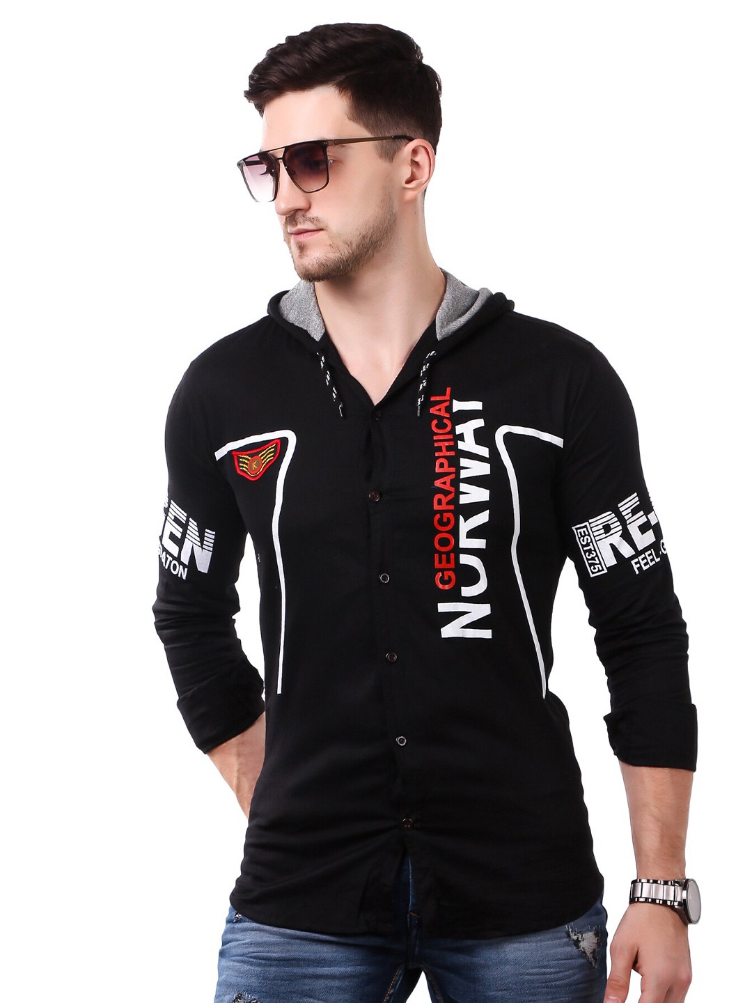 

PLUS 91 Men Standard Opaque Printed Cotton Hooded Casual Shirt, Black