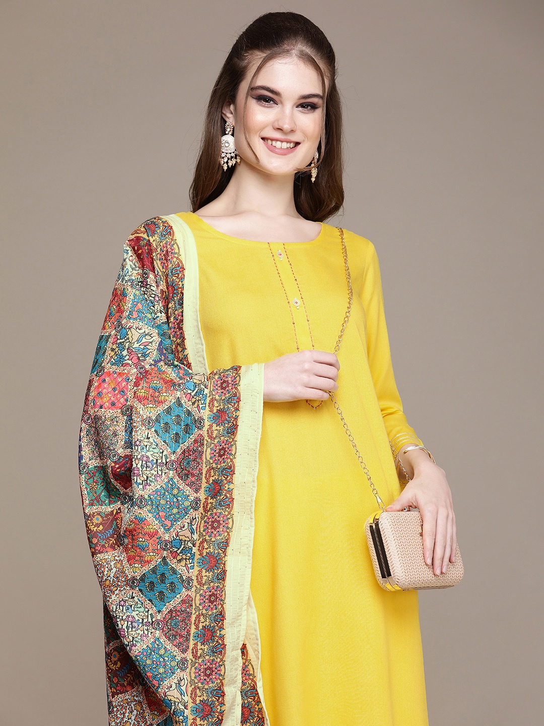 

Navibhu Women Yellow Regular Kurta with Trousers & With Dupatta