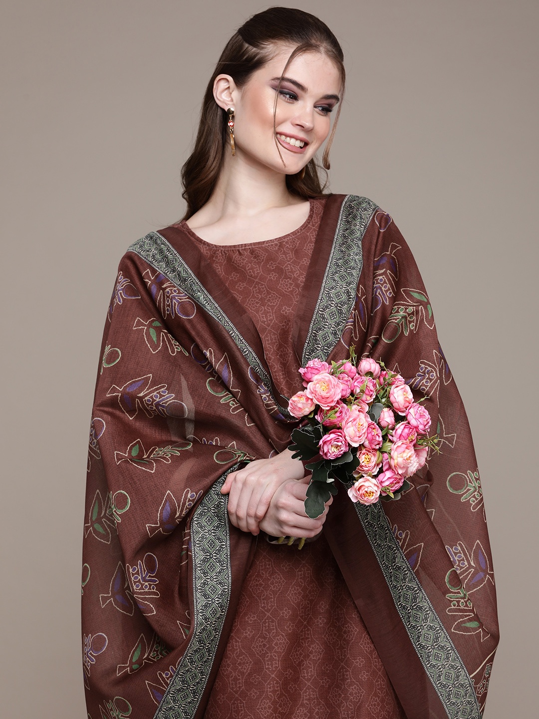 

Anouk Women Brown Ethnic Motifs Printed Regular Kurta with Trousers & With Dupatta