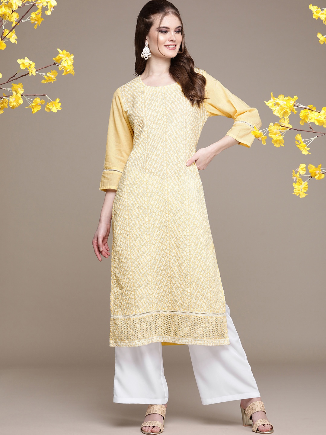 

Anouk Women Yellow Floral Embroidered Regular Pure Cotton Kurta with Trousers