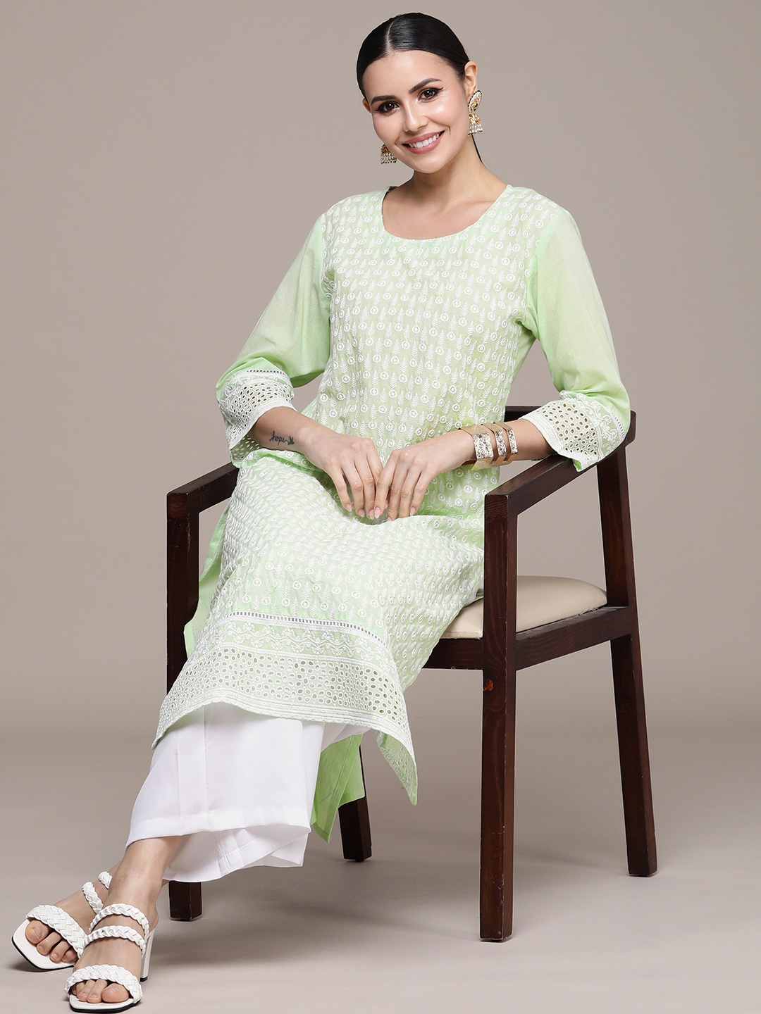 

Anouk Women Lime Green Floral Embroidered Regular Pure Cotton Kurta with Trousers