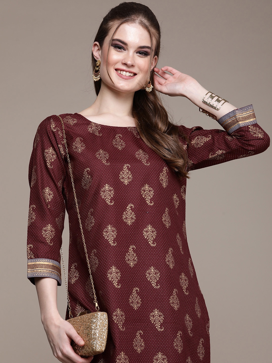 

Anouk Women Burgundy Ethnic Motifs Printed Regular Kurta with Trousers