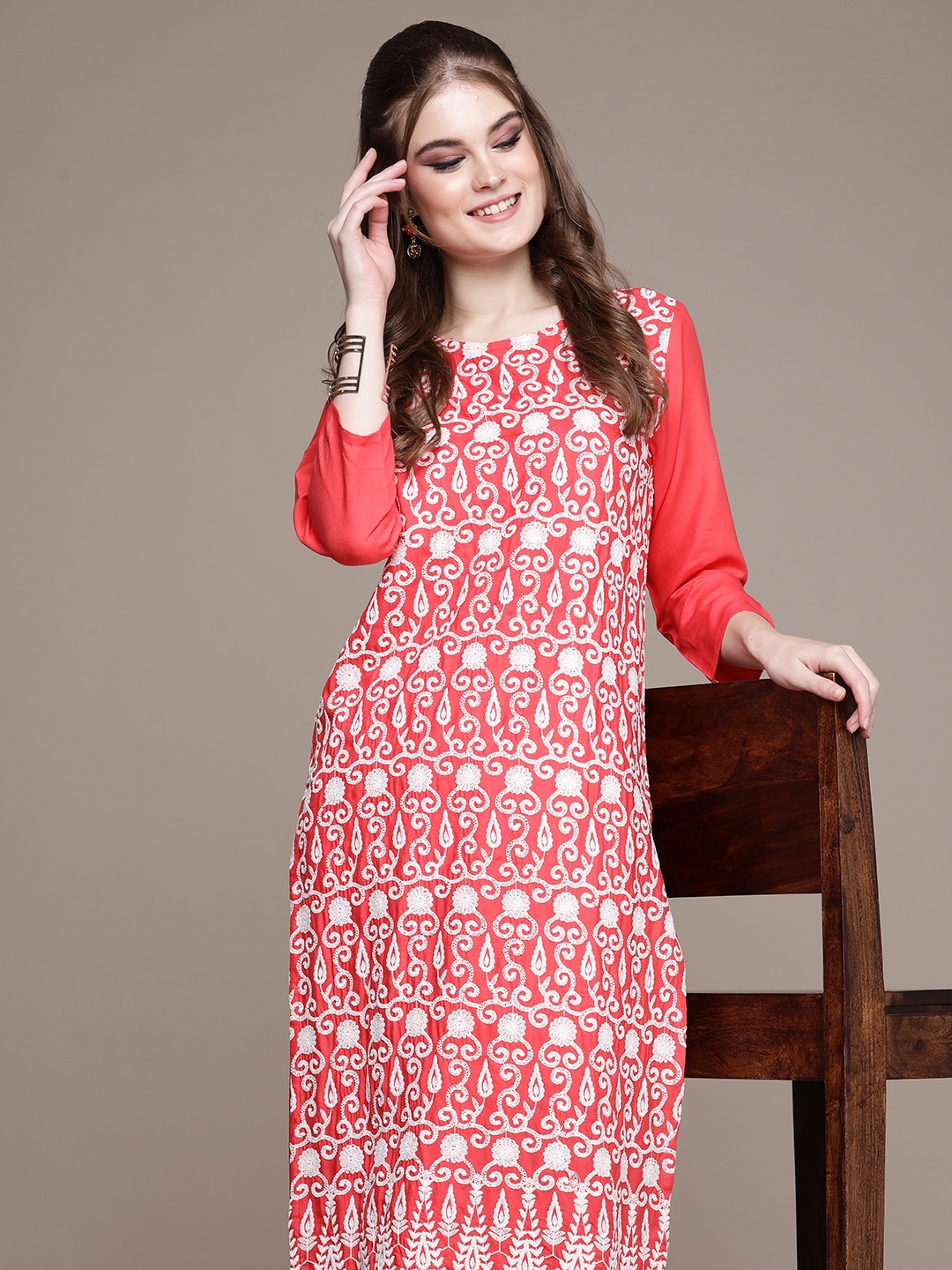 

Anouk Ethnic Motifs Embroidered Thread Work Kurta, Coral