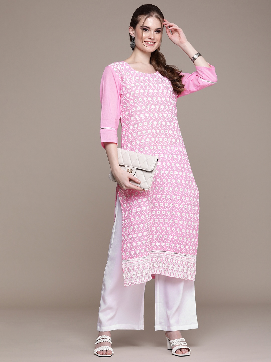 

Anouk Women Pink Floral Embroidered Regular Pure Cotton Kurta with Palazzos