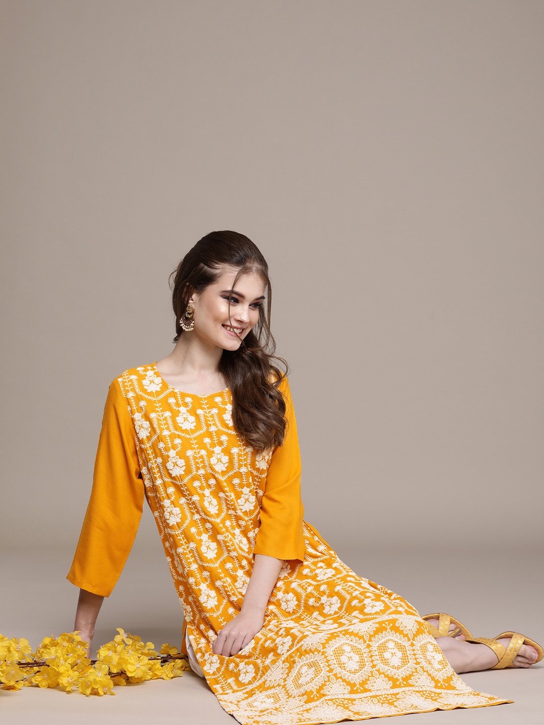 

Anouk Ethnic Motifs Embroidered Thread Work Kurta, Mustard