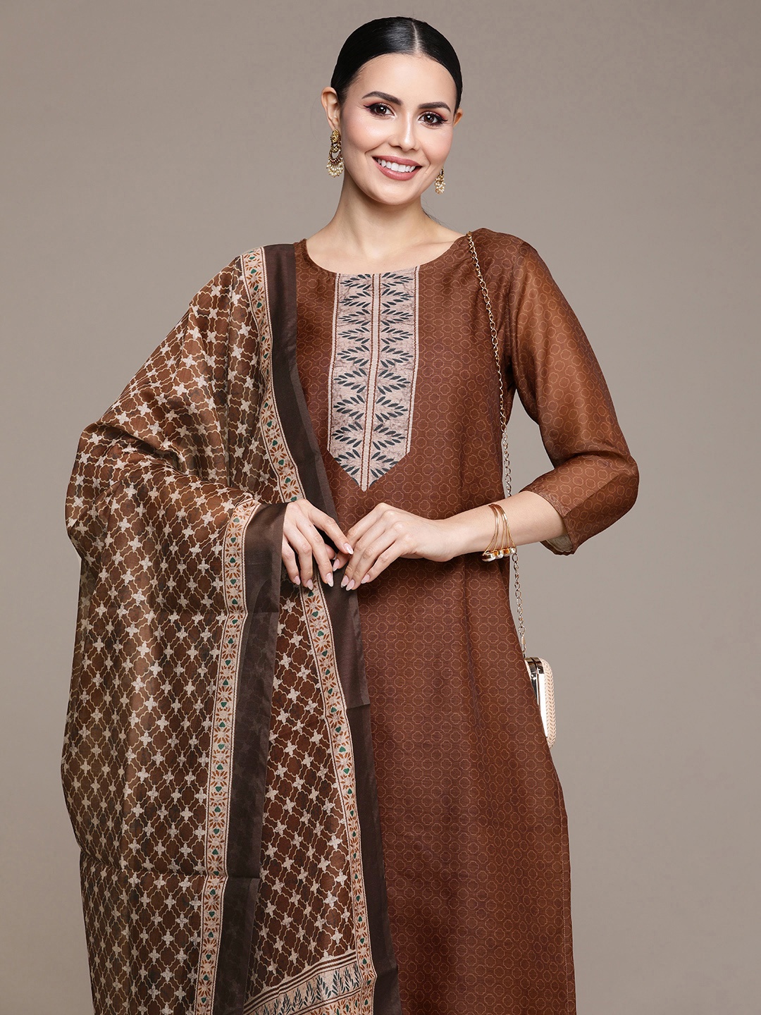 

Anouk Women Rust Ethnic Motifs Printed Regular Kurta with Trousers & With Dupatta