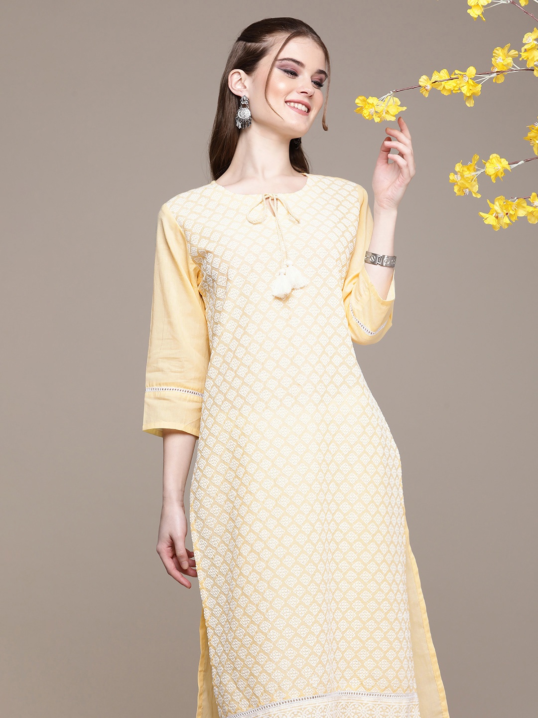 

Anouk Women Yellow Ethnic Motifs Embroidered Regular Pure Cotton Kurta with Trousers