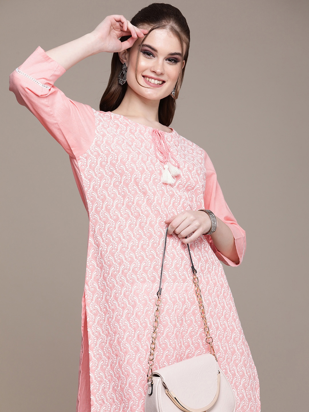 

Anouk Women Pink Floral Embroidered Regular Pure Cotton Kurta with Trousers