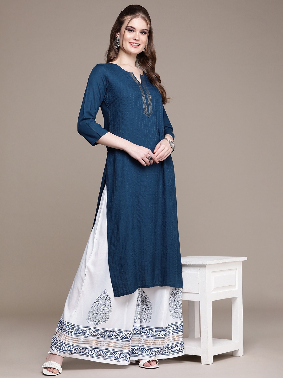 

Anouk Women Blue Striped Regular Kurta with Palazzos