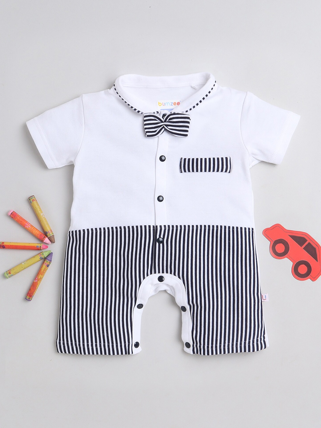 

BUMZEE Infant Boys Printed Cotton Rompers, White