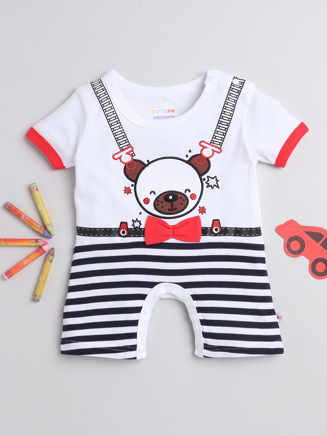 

BUMZEE Infant Boys Striped Pure Cotton Romper with Applique Detail, White